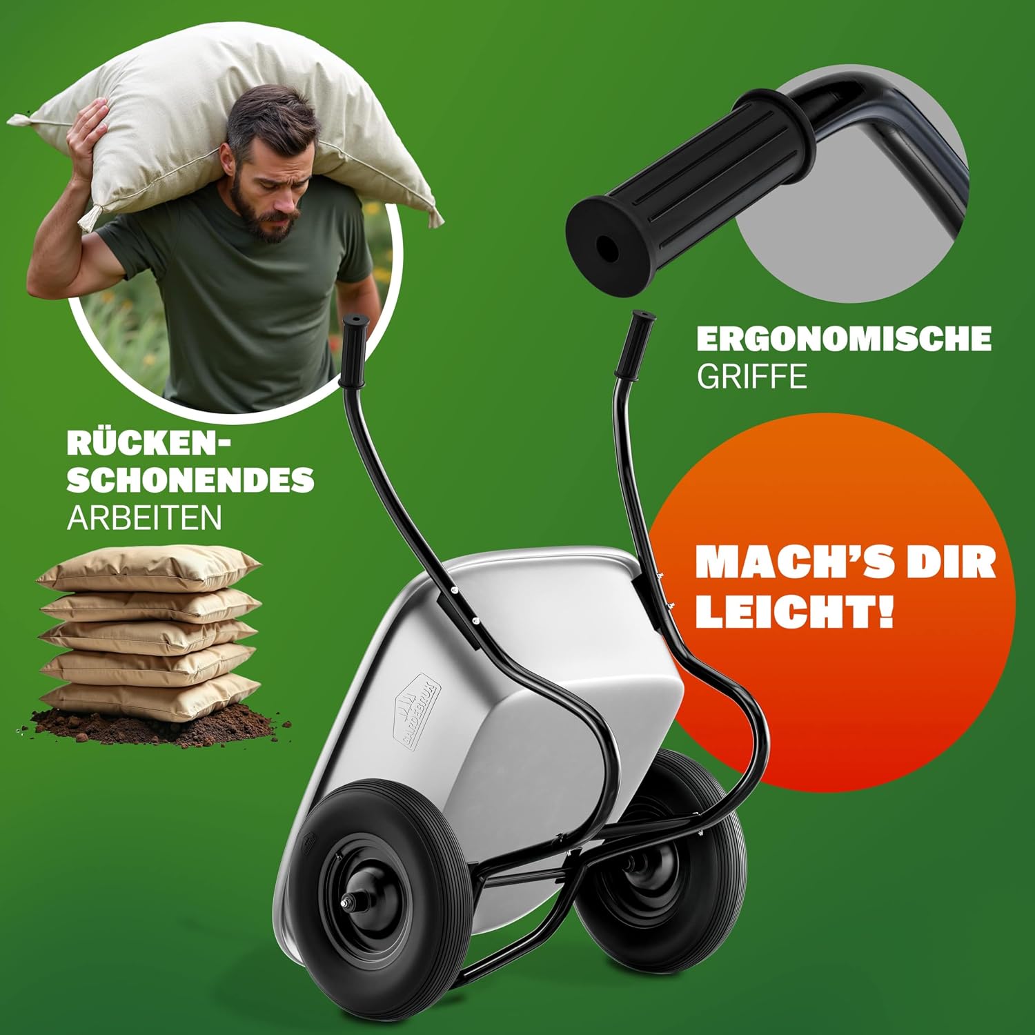 GARDEBRUK Schubkarre 2 Rad 150kg 100L Stahlfelge 2 Luftreifen Autoventil Gleitlager — Ansicht 3