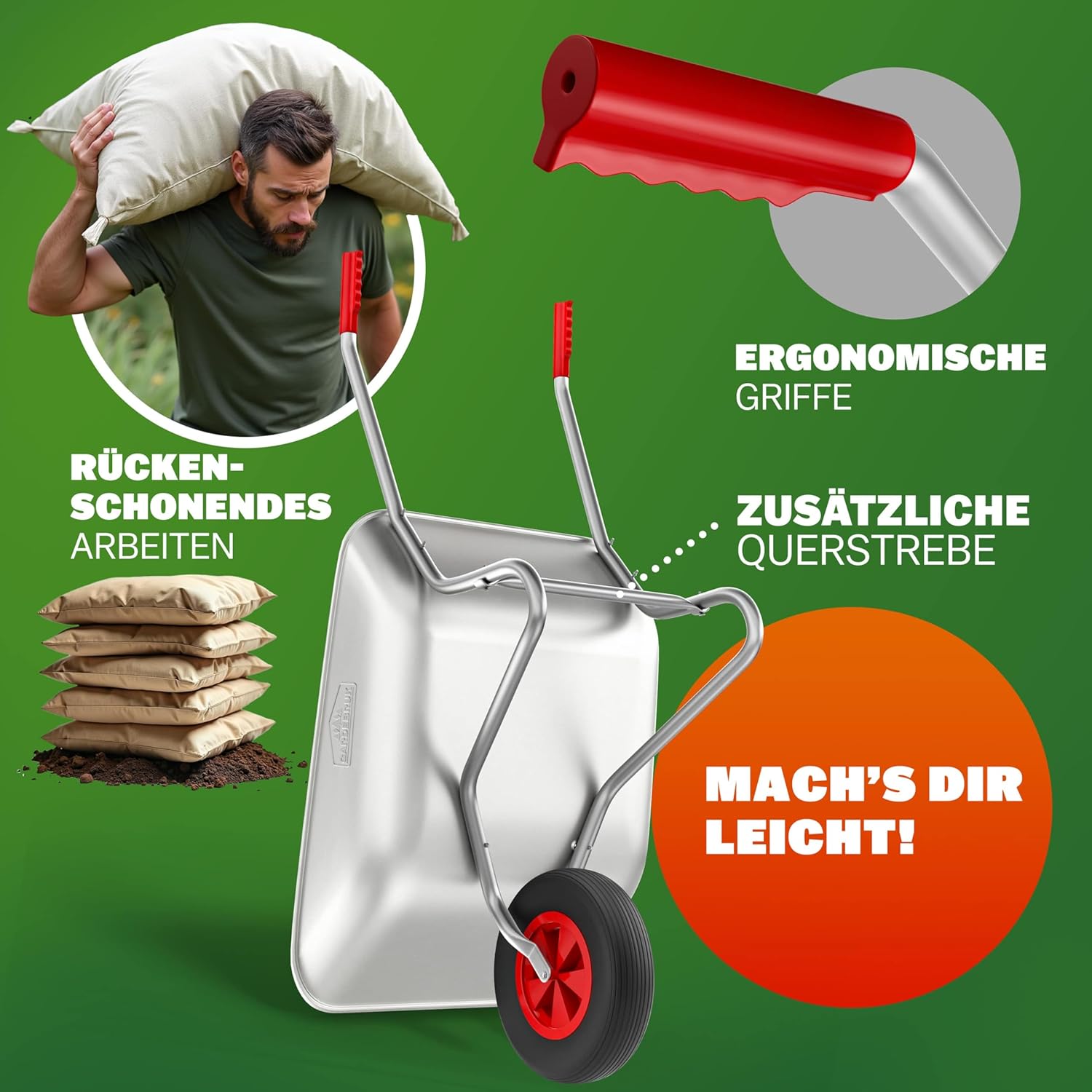 GARDEBRUK® Schubkarre 80 Liter bis 100kg Luftreifen mit Stahlfelge verzinkt Garten Bauschubkarre Gartenschubkarre — Ansicht 3