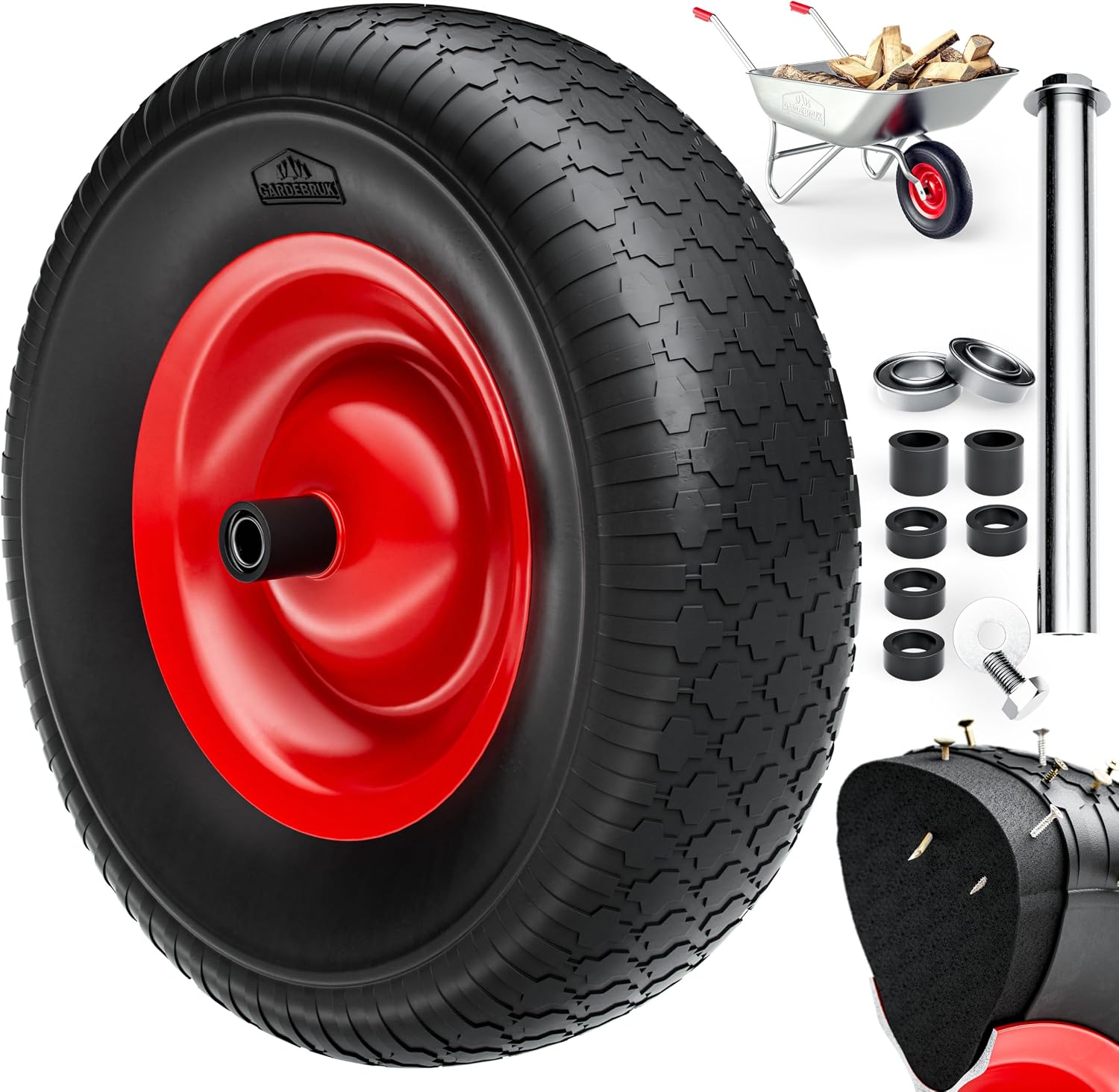 GARDEBRUK Schubkarrenrad PU Vollgummi pannensicher 4.80/4.00-8 ?390mm Stahlfelge 200kg Achse Diamantprofil Reifen Vollgummireifen Ersatzrad Schwarz