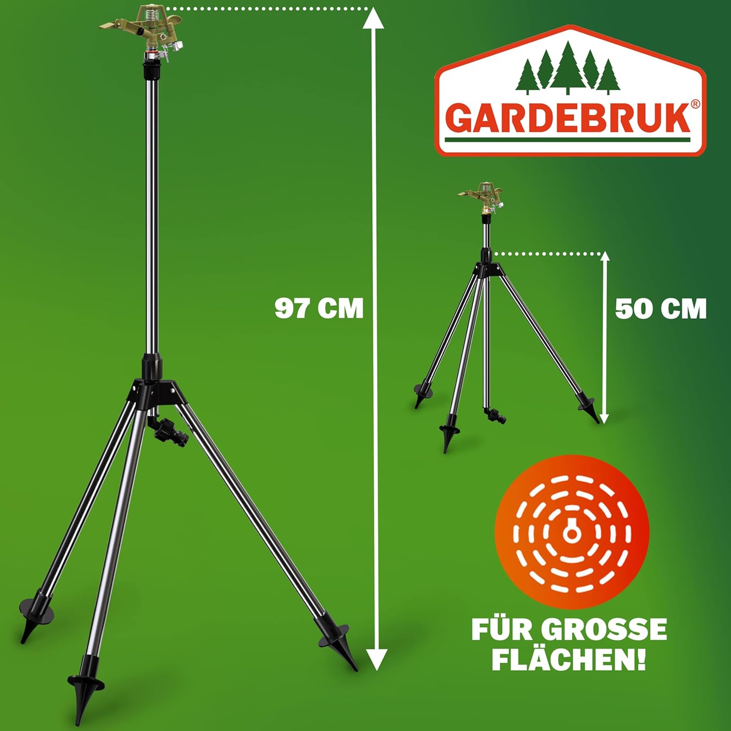 GARDEBRUK® Sprinkler mit Teleskopstativ Erdspieß Sprengweite bis 24m Garten Impulsregner Rasensprenger Sektorenregner Gartenbewässerung Wassersprinkler — Ansicht 2