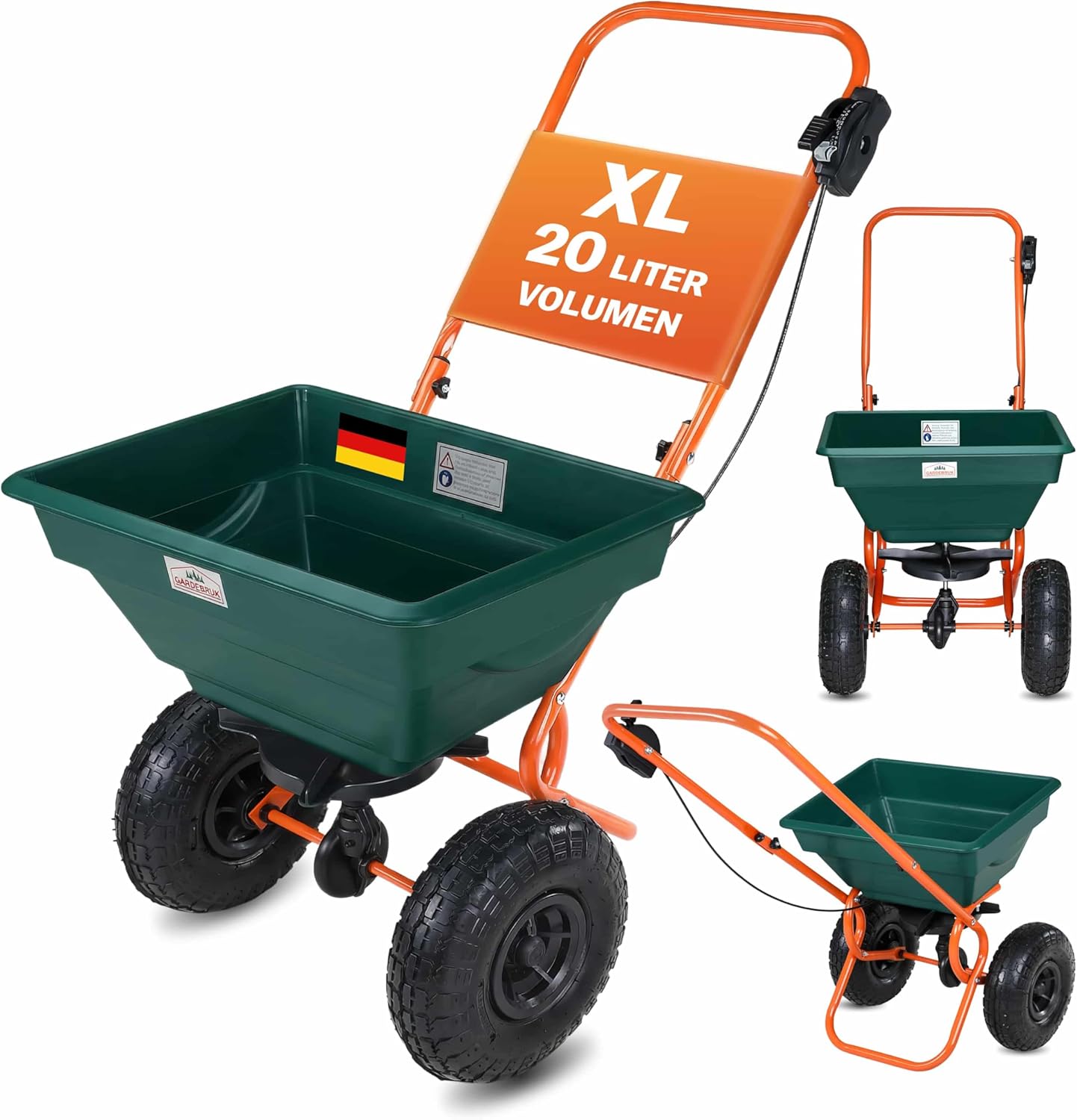GARDEBRUK® Streuwagen 20 L Streumenge einstellbar XXL Luftreifen - Saatgutstreuer Streuer für Salz Dünger Rasen Saatgut