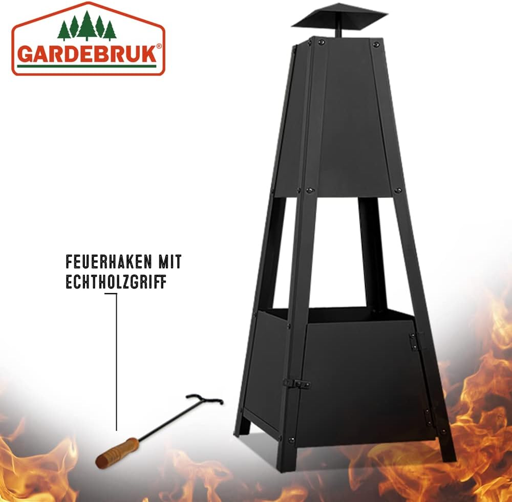 Gardebruk® Terrassenofen Garten mit Abdeckung Schürhaken 102cm Gross Eckig XXL Stahl Feuerstelle Feuerkorb Terrasse Balkon Holz Ofen Kamin Outdoor — Ansicht 4