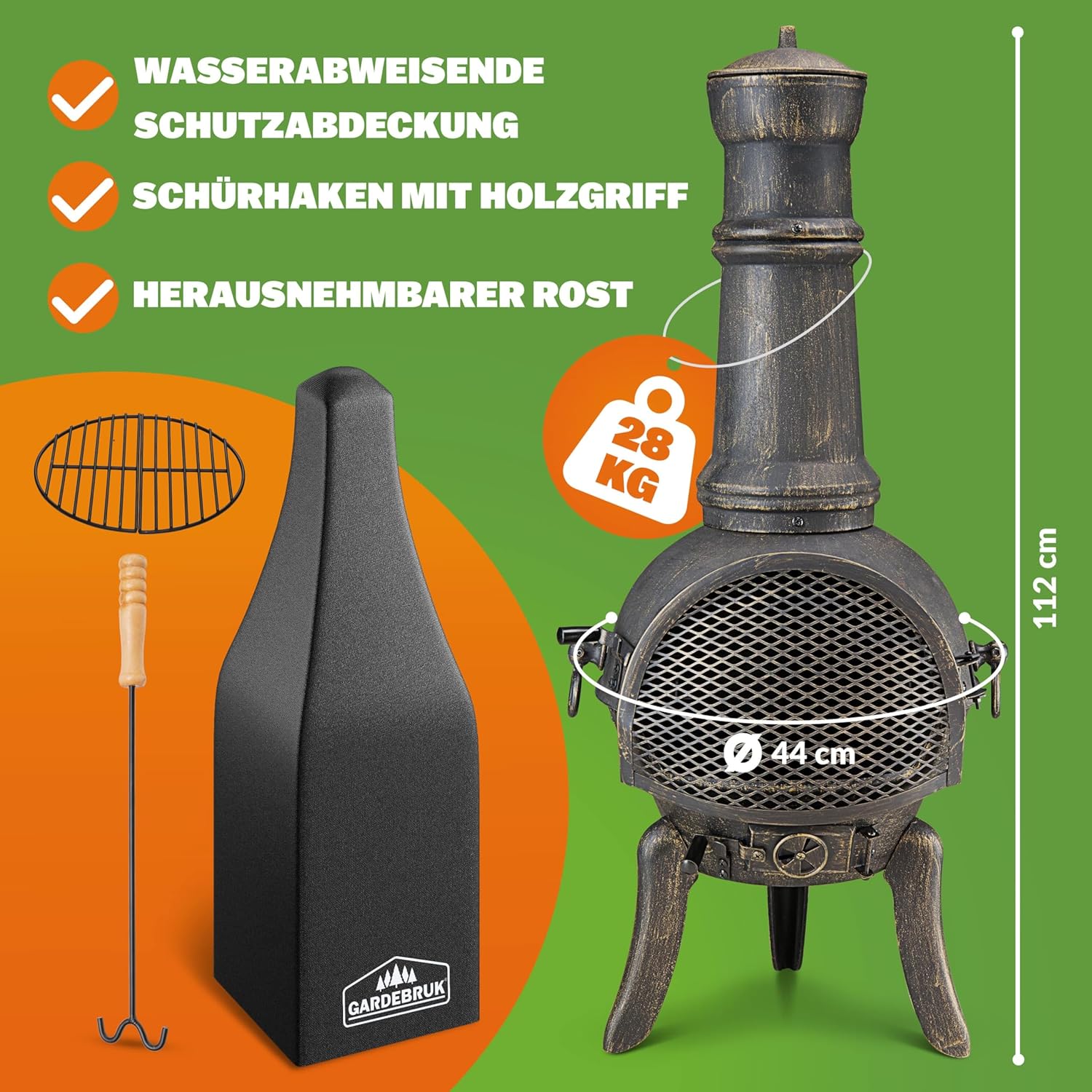 GARDEBRUK® Terrassenofen Gusseisen 28kg Funkenschutz Abdeckung Schürhaken 112cm Gross Feuerstelle Feuerkorb Garten Terrasse Holz Ofen Kamin Outdoor — Ansicht 5