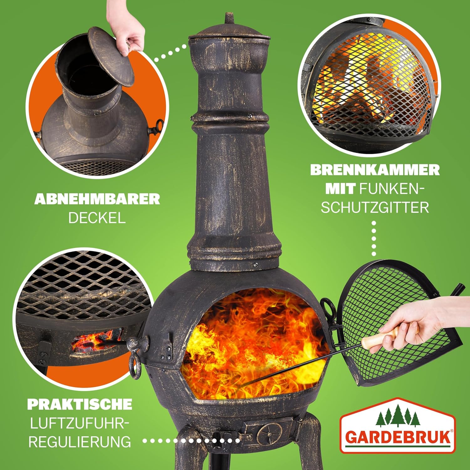 GARDEBRUK® Terrassenofen Gusseisen 28kg Funkenschutz Abdeckung Schürhaken 112cm Gross Feuerstelle Feuerkorb Garten Terrasse Holz Ofen Kamin Outdoor — Ansicht 6