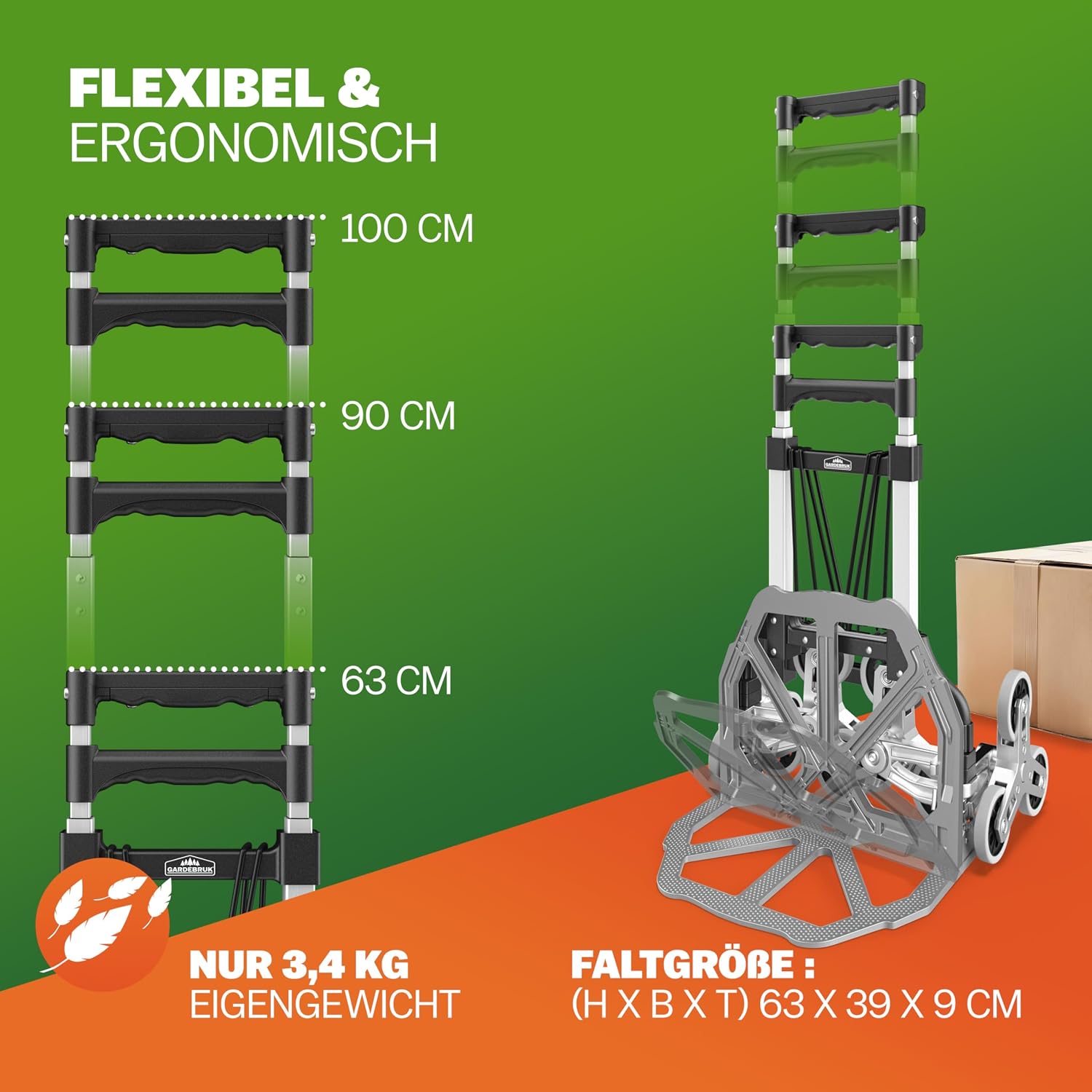 GARDEBRUK® Treppenkarre klappbar - Aluminium Transportkarre mit pannensicheren Reifen - 80 kg Tragkraft - inkl. Handschuhe & Expander - Faltbare Sackkarre für Treppen & Garten — Ansicht 4