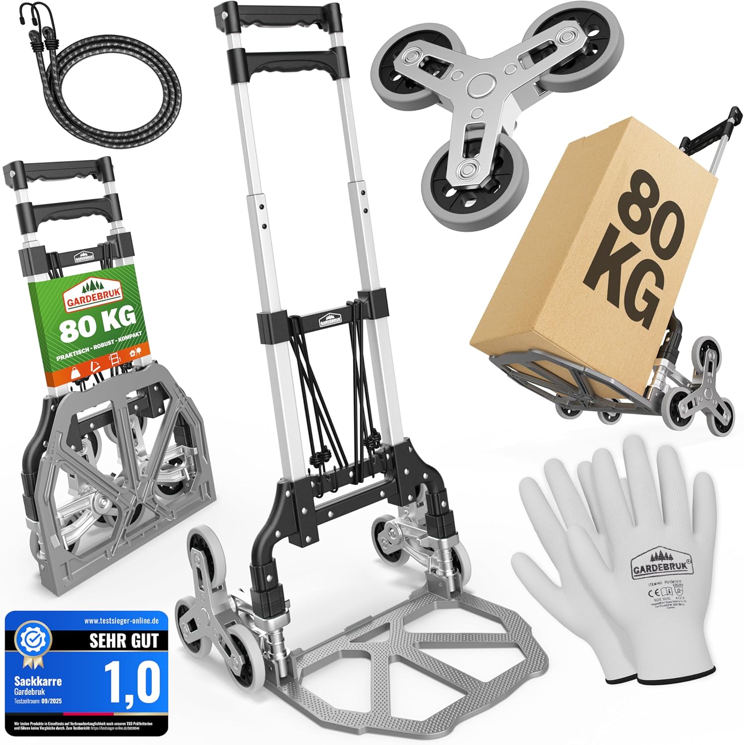 GARDEBRUK® Treppenkarre klappbar - Aluminium Transportkarre mit pannensicheren Reifen - 80 kg Tragkraft - inkl. Handschuhe & Expander - Faltbare Sackkarre für Treppen & Garten