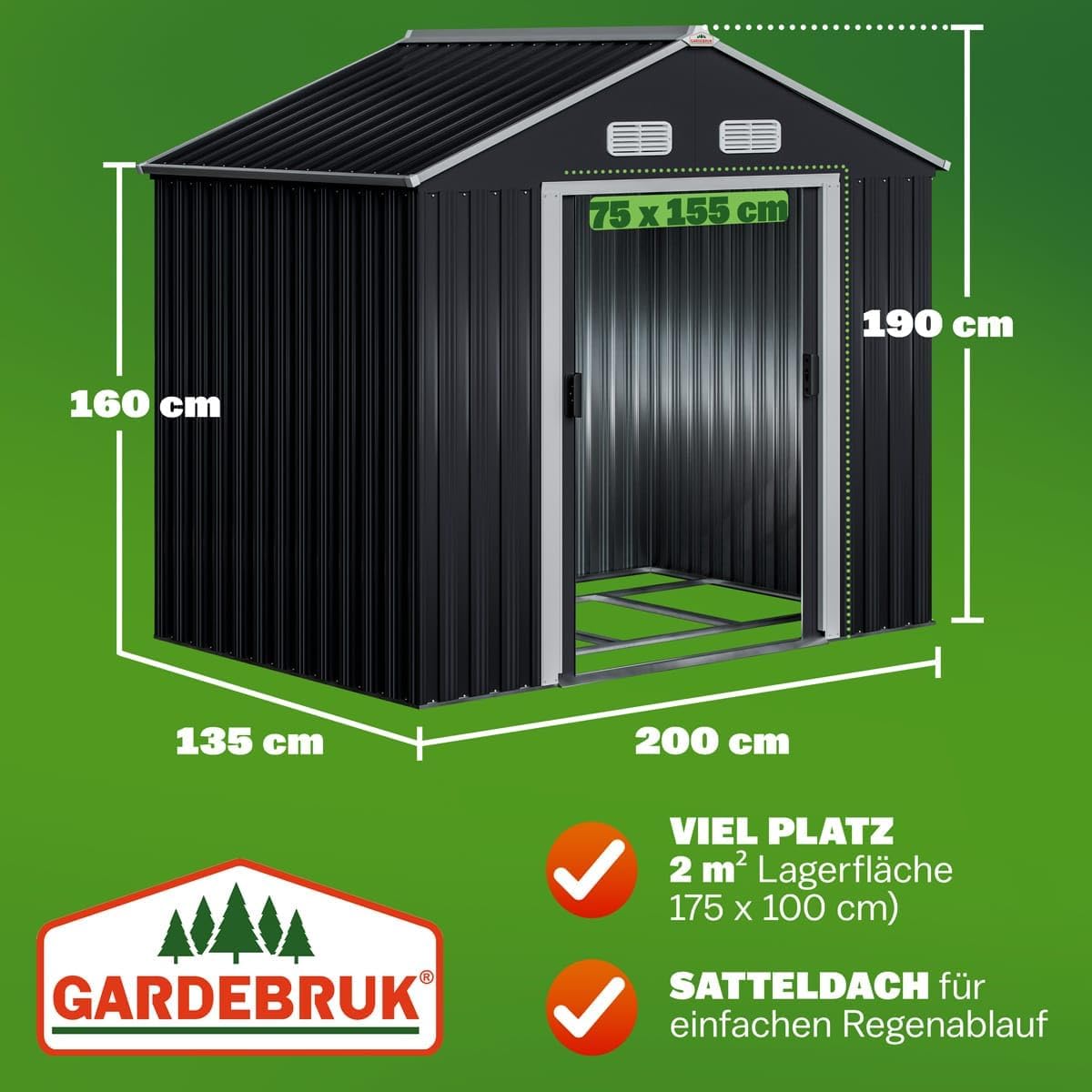 GARDEBRUK® XL Metall Gerätehaus 2m2 mit Fundament 196x132x188cm Schiebetür Anthrazit Geräteschuppen Gartenhaus Schrank 4m3 — Ansicht 3