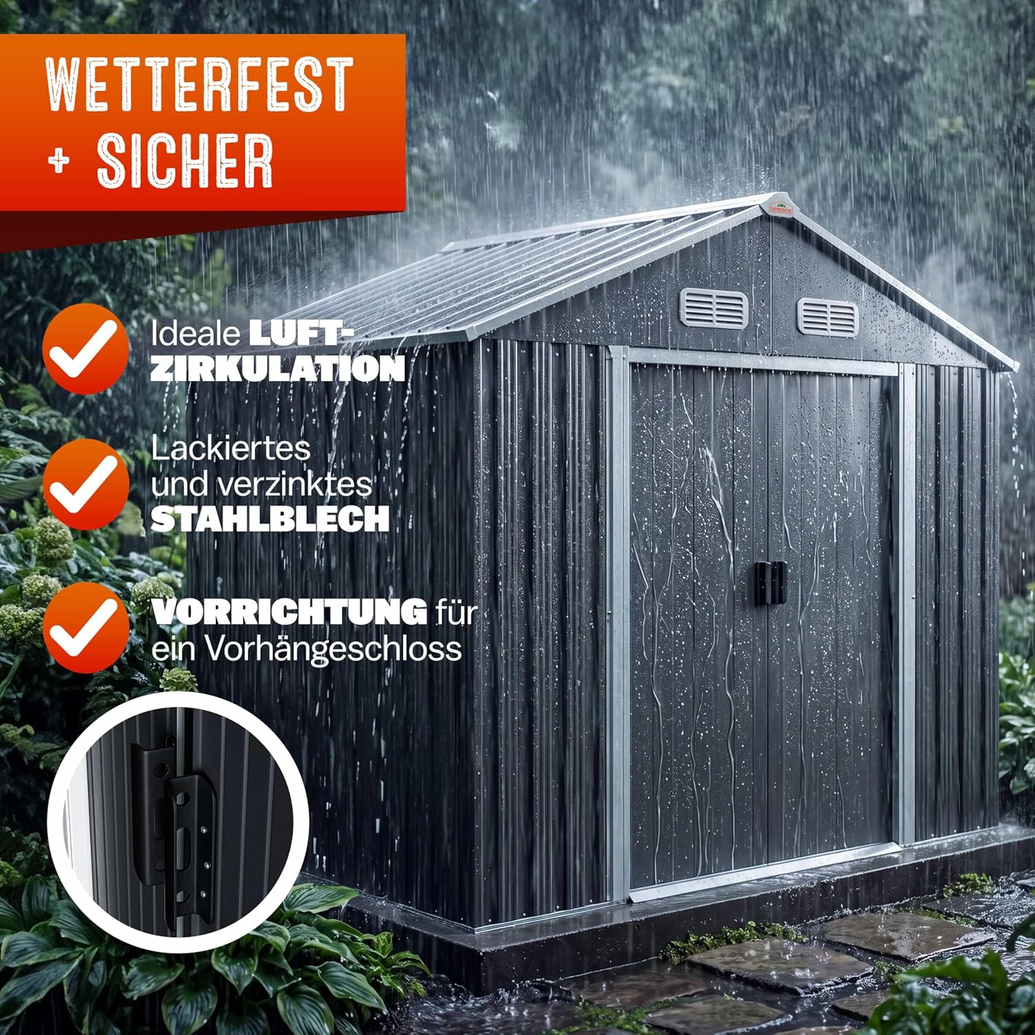 GARDEBRUK® XL Metall Gerätehaus 2m2 mit Fundament 196x132x188cm Schiebetür Anthrazit Geräteschuppen Gartenhaus Schrank 4m3 — Ansicht 4