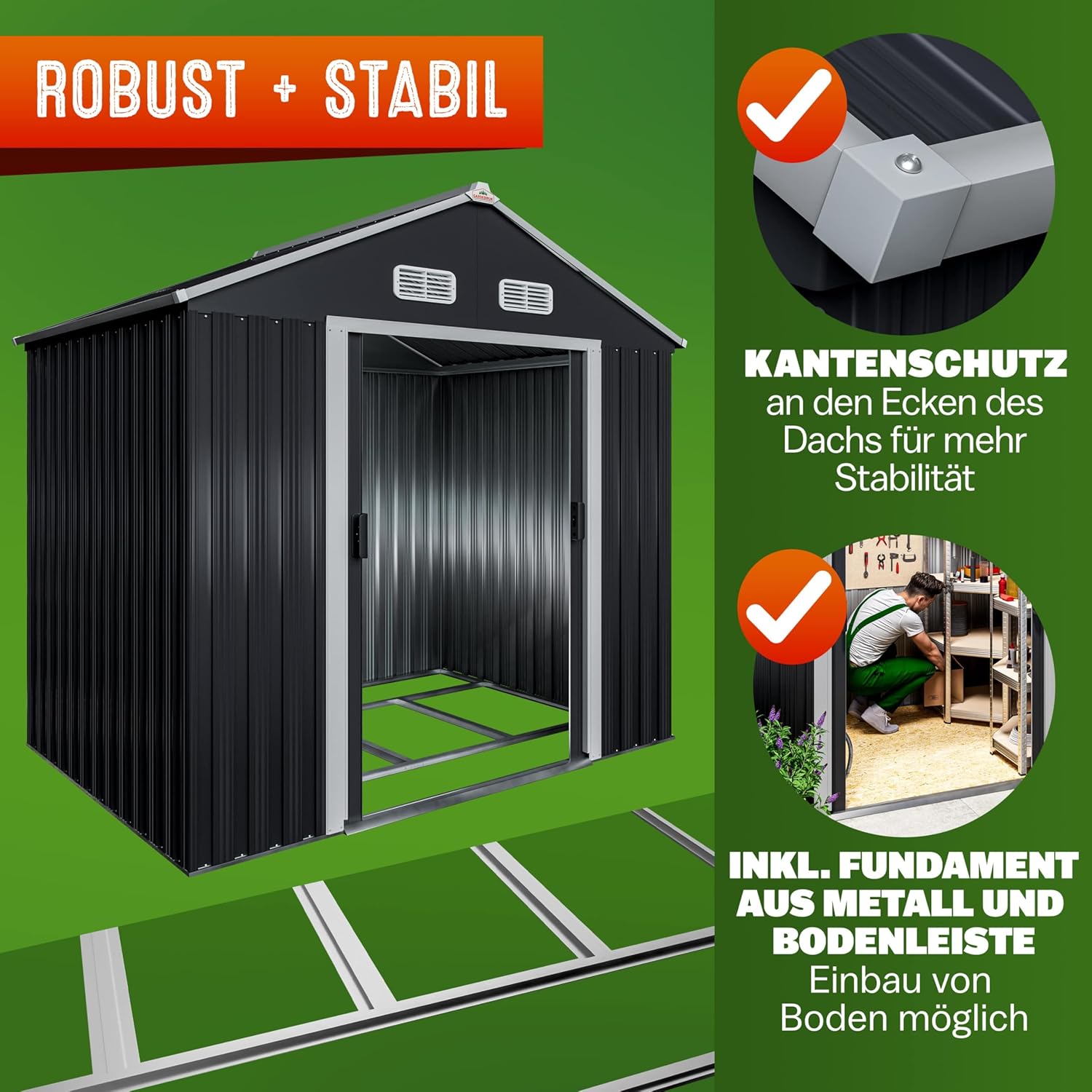 GARDEBRUK® XL Metall Gerätehaus 2m2 mit Fundament 196x132x188cm Schiebetür Anthrazit Geräteschuppen Gartenhaus Schrank 4m3 — Ansicht 5