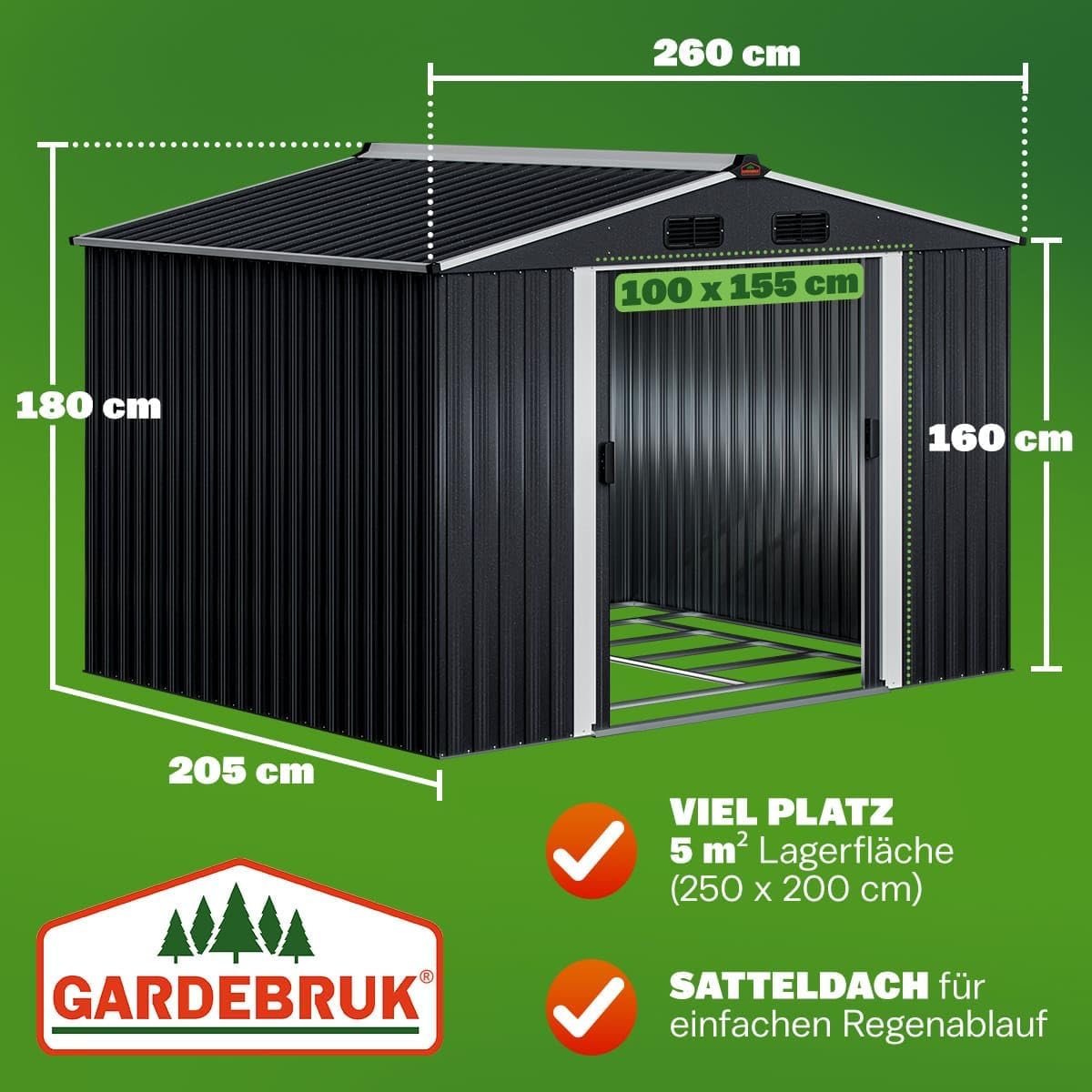 GARDEBRUK® XXL Metall Gerätehaus 5m2 mit Fundament 260x205x180cm Schiebetür Metallic-Grau Geräteschuppen Gartenhaus 9m3 — Ansicht 3