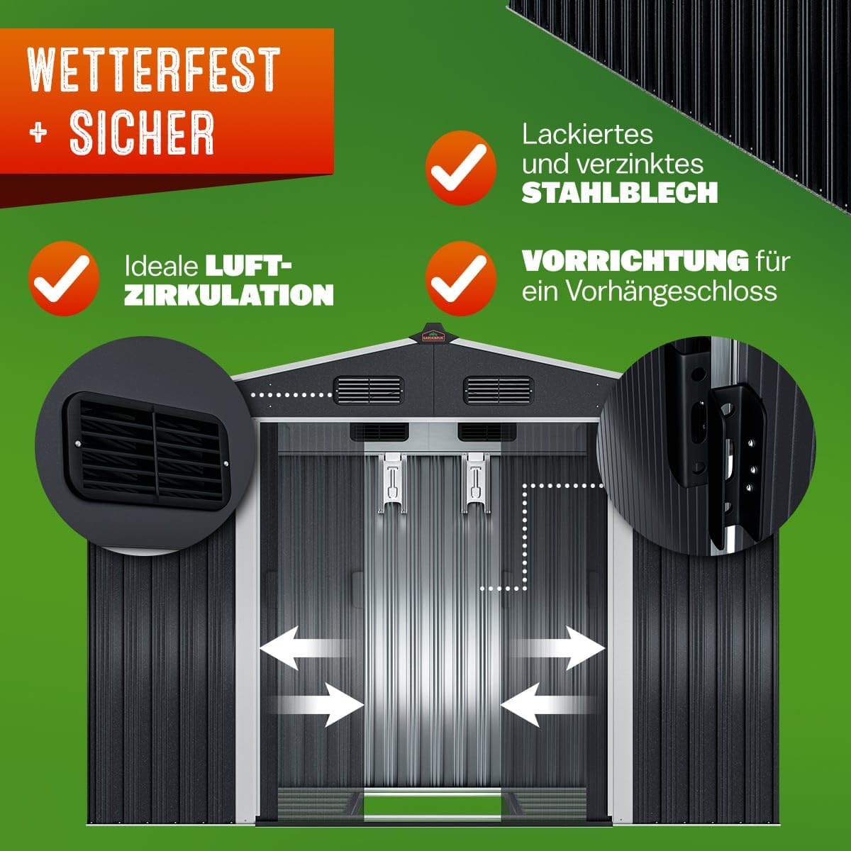 GARDEBRUK® XXL Metall Gerätehaus 5m2 mit Fundament 260x205x180cm Schiebetür Metallic-Grau Geräteschuppen Gartenhaus 9m3 — Ansicht 4