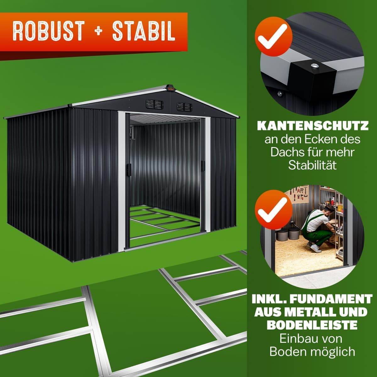 GARDEBRUK® XXL Metall Gerätehaus 5m2 mit Fundament 260x205x180cm Schiebetür Metallic-Grau Geräteschuppen Gartenhaus 9m3 — Ansicht 6