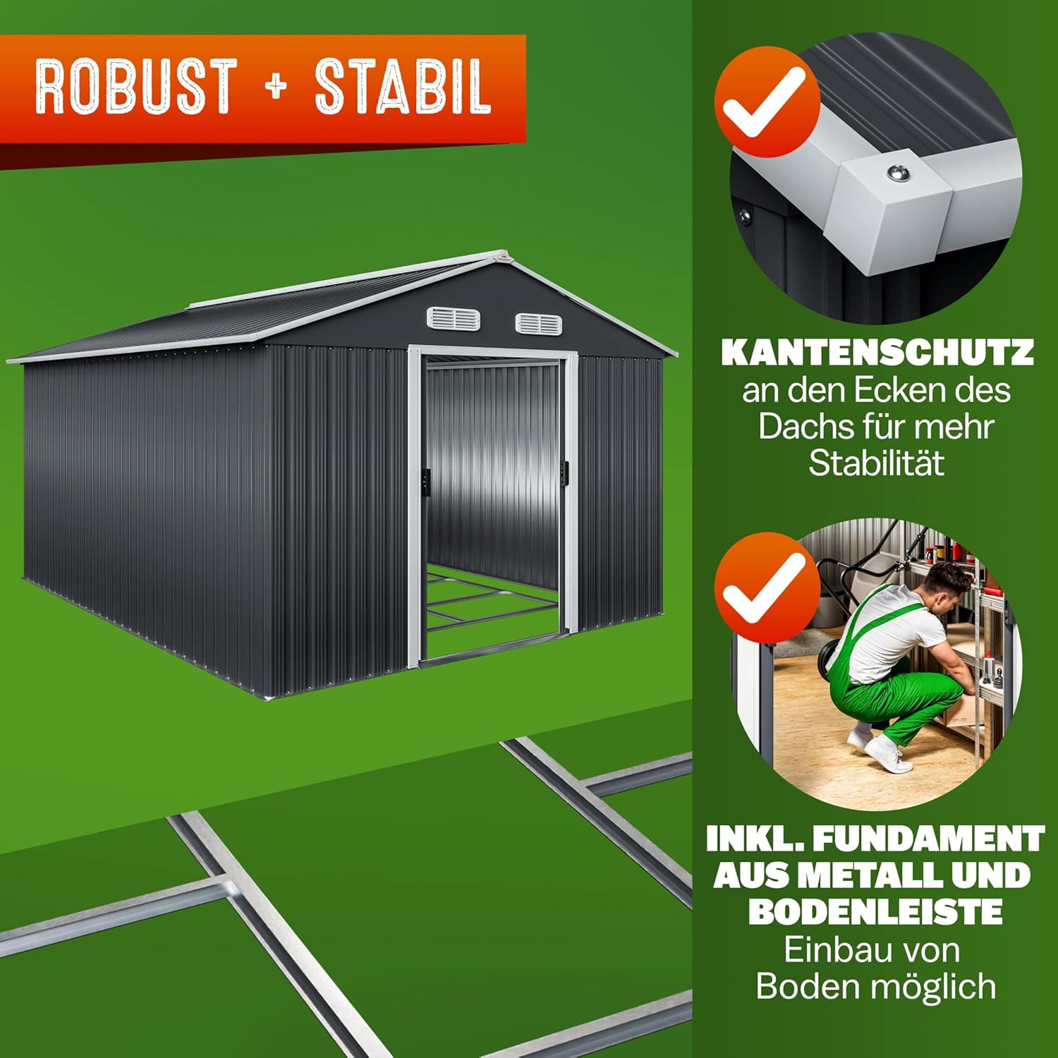 GARDEBRUK® XXXL Metall Gerätehaus 8m2 mit Fundament 315x260x180cm Schiebetür Anthrazit Geräteschuppen Gartenhaus 15m3 — Ansicht 5
