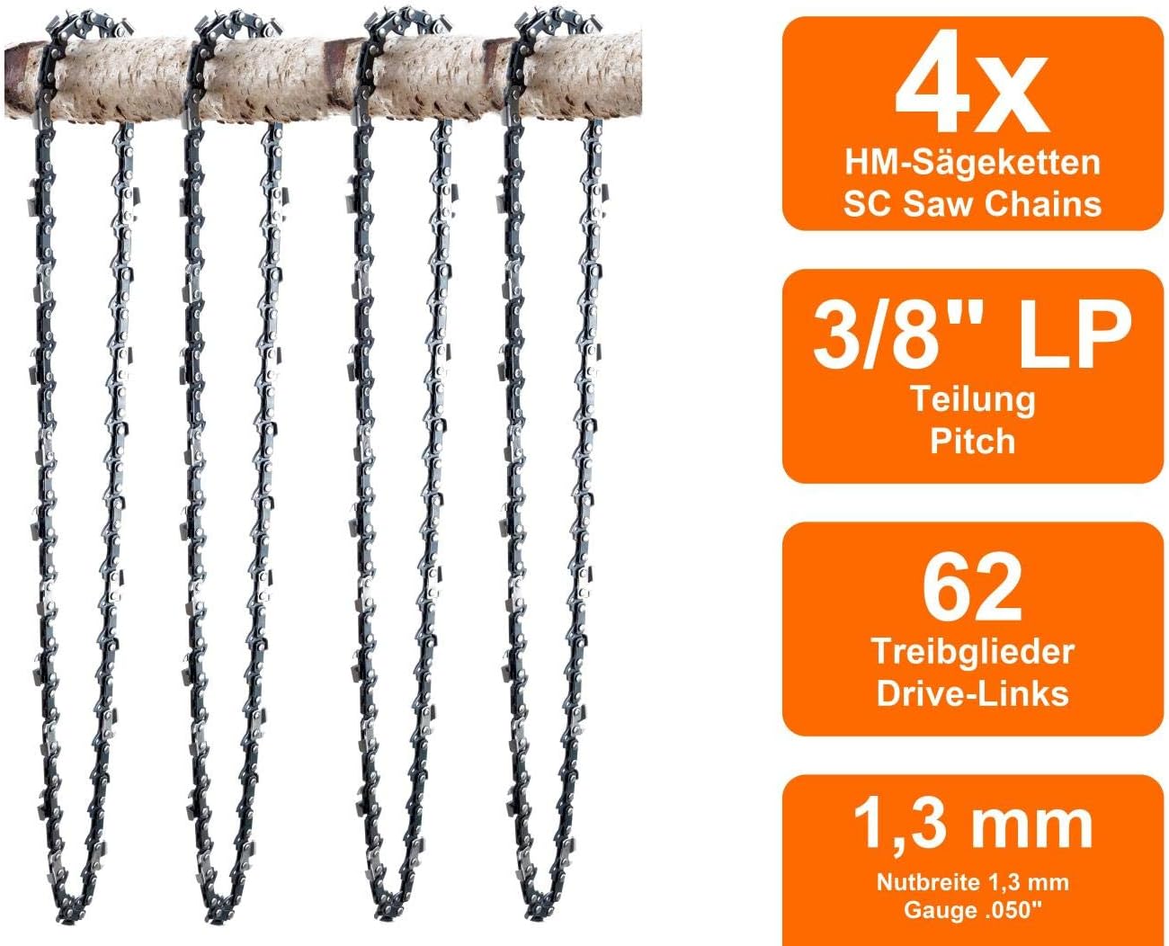 SECURA 4 Sägeketten + Schwert kompatibel mit Gardebruk DBSK004 Motorsäge mit 45cm 3/8LP 62TG 1,3mm — Ansicht 2